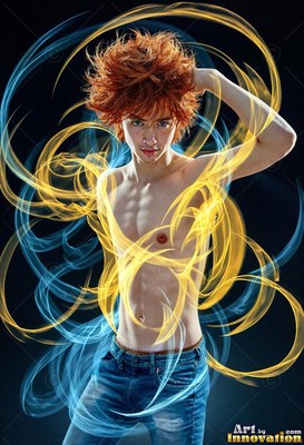 Holding his hair, a shirtless young man stands in swirls of yellow and bright blue light