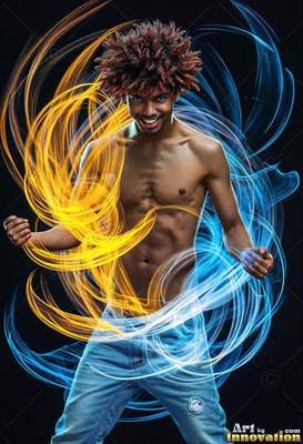 Smiling man with no shirt circled by blue and loops of yellow light ribbons