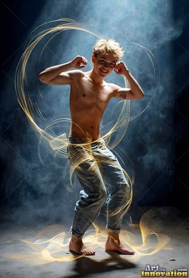 A bare-chested smiling man in jeans stands encircled by golden light ribbons in a smoky dark room
