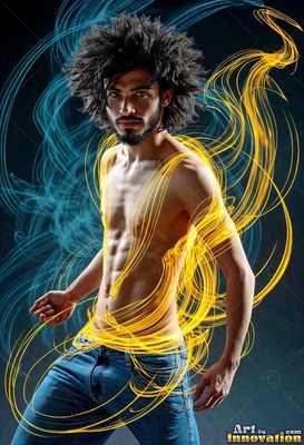 Turned slightly in the dark, a bare-chested man is wrapped in yellow and blue ribbons