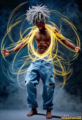 In a dark studio, a bare-chested man in jeans stands ringed by bright yellow light ribbons