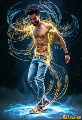Smiling and stepping forward, a bare-chested man stands wrapped in yellow and bright blue light trails