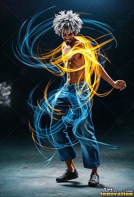 Shirtless man dancing with swirls of blue and trails of yellow light around him