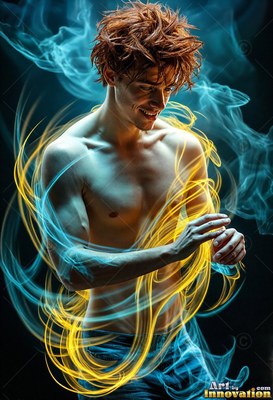 Tousled red hair on a bare-chested man encircled by yellow and blue trails of light against dark space