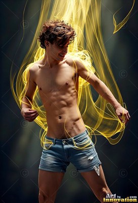 Standing in a dark room, a young man with no shirt turns inside loops of yellow light