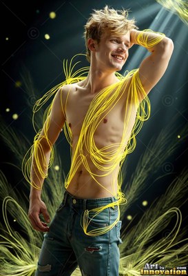 A shirtless smiling man in jeans draped in loops of loops of yellow light threads