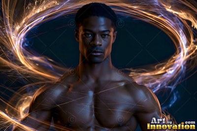 Facing forward, a shirtless Black man holds his position standing encircled by loops of gold and blue light