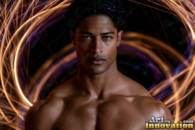 Shirtless man framed by swirls of golden trails of light