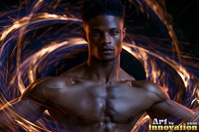 Bare-chested Black man is standing still in the dark as ribbons of gold light swirl around him