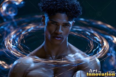 A shirtless man looks forward as circles of bright gold and blue light swirl around his neck