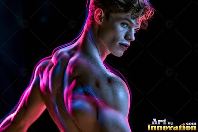 Turned away in the dark, a young man with no shirt has pink light curving on his back