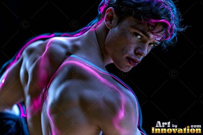 A young man with no shirt looks over his shoulder with bright pink and bright blue light along his back