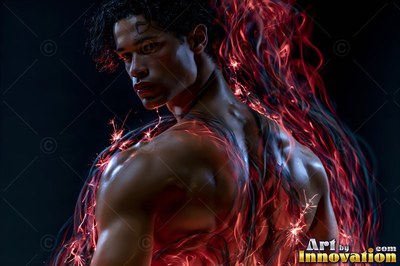 A bare-chested man with red streaks of light swirling over his back