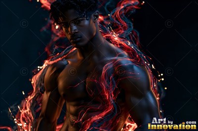 Bare-chested and looking forward, a man stands in the dark wrapped in red light ribbons