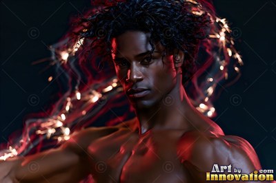 A shirtless man turns toward the viewer as trails of red and white light weave around him
