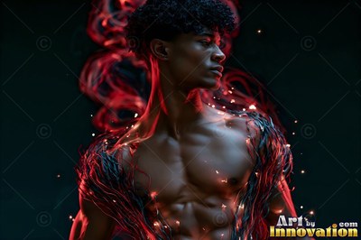Turned in profile in the dark, a shirtless man is ringed by red smoke and sparks
