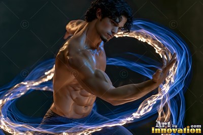 A shirtless muscular man moves his arms through loops of blue and white light