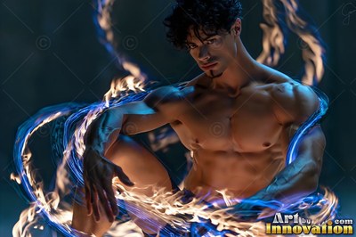 A seated man surrounded by swirls of blue and golden light