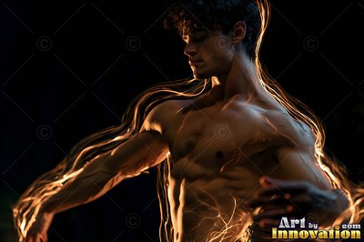 Dark curls frame the face of a shirtless man wrapped in trails of gold light in the dark
