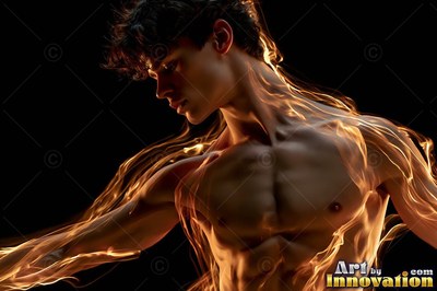 A shirtless man holds his position standing looking down while warm golden trails of light wrap across his chest