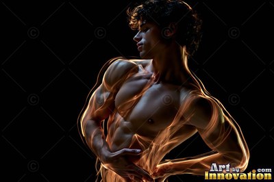 Turned in profile in the dark, a bare-chested man is outlined in warm light ribbons