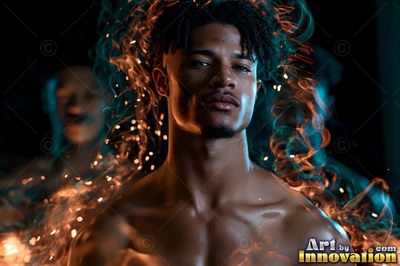 In the dark, a bare-chested young man stands surrounded by orange sparks