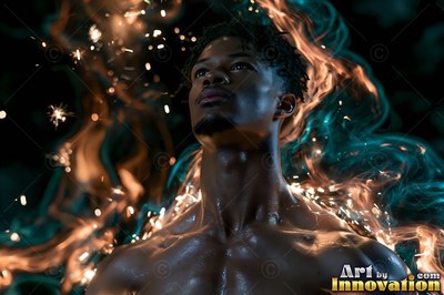 Looking upward, a shirtless man is circled by teal smoke and bright sparks