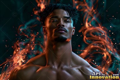 A bare-chested young man surrounded by swirls of orange light
