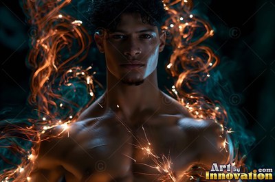 Bare shoulders frame a young man standing in darkness as gold sparklers twist around him