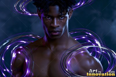 A man stands motionless as looped rings of violet light spiral around his bare chest and head