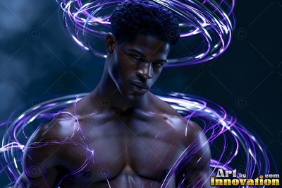 Turned slightly in the dark, a shirtless man is encircled by purple light loops