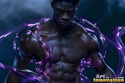 A shirtless Black man holds his position standing wrapped in swirling purple light ribbons