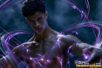 In a dark room, a shirtless young man stands encircled by purple ribbons of light