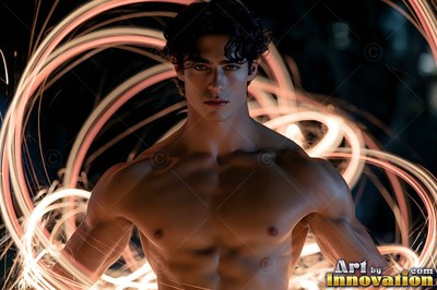 Standing shirtless, a muscular young man is encircled by streaks of orange light