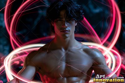 Young man without a shirt standing inside swirling loops of pink light