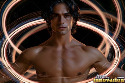 Dark wavy hair frames a shirtless man surrounded by loops of bright white light on black
