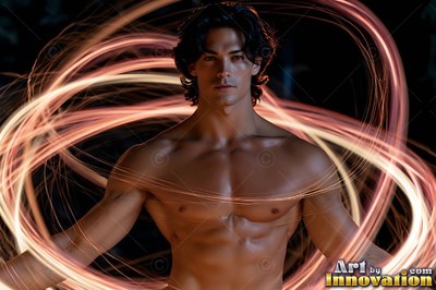 A man without a shirt stands still while loops of bright orange light swirl around his chest