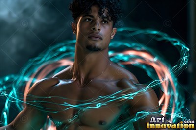 Facing forward in the dark, a man without a shirt is encircled by blue ribbons of light