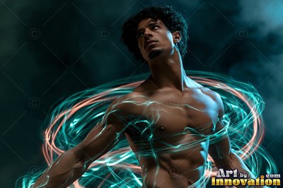 A shirtless young man holds his position standing still as blue and orange light swirls around him