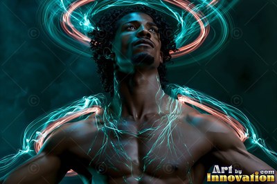 Against a dark background, a man with a bare chest is encircled by rings of blue and red light