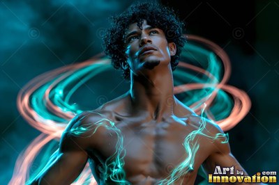 Looking up, a bare-chested man stands encircled by blue trails of light