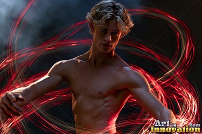 A shirtless young man encircled by swirling red streaks of light