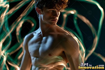 A young man without a shirt stands still while green trails of light blur around him