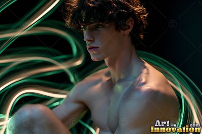 Sitting in the dark, a young man without a shirt is encircled by curved green light streaks