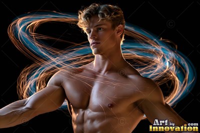 Blond curls fall over the forehead of a man without a shirt encircled by blue and gold trails of streaks of light in the dark