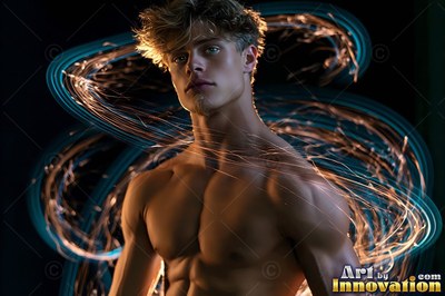 A man without a shirt stands still as swirls of blue and golden light loop around his shoulders