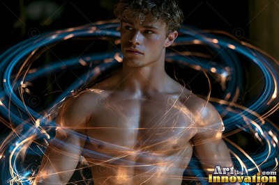 Facing forward in the dark, a man without a shirt is ringed by loops of bright blue light