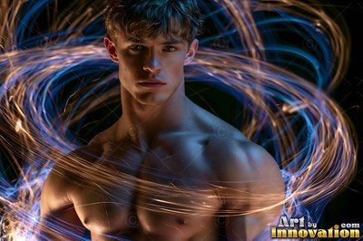 A young man with a bare chest stands still inside swirls of blue and gold light trails