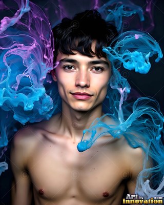 Dark wavy hair frames a shirtless man surrounded by blue and purple smoke swirls
