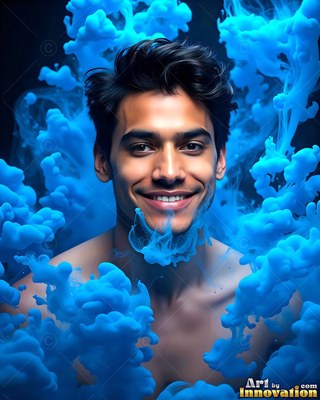 A smiling man emerges from clouds of bright blue smoke against a dark background